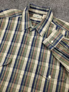 Vintage 90s LL Bean Flannel Shirt XL Button Up Plaid Flap Pockets Blue Green